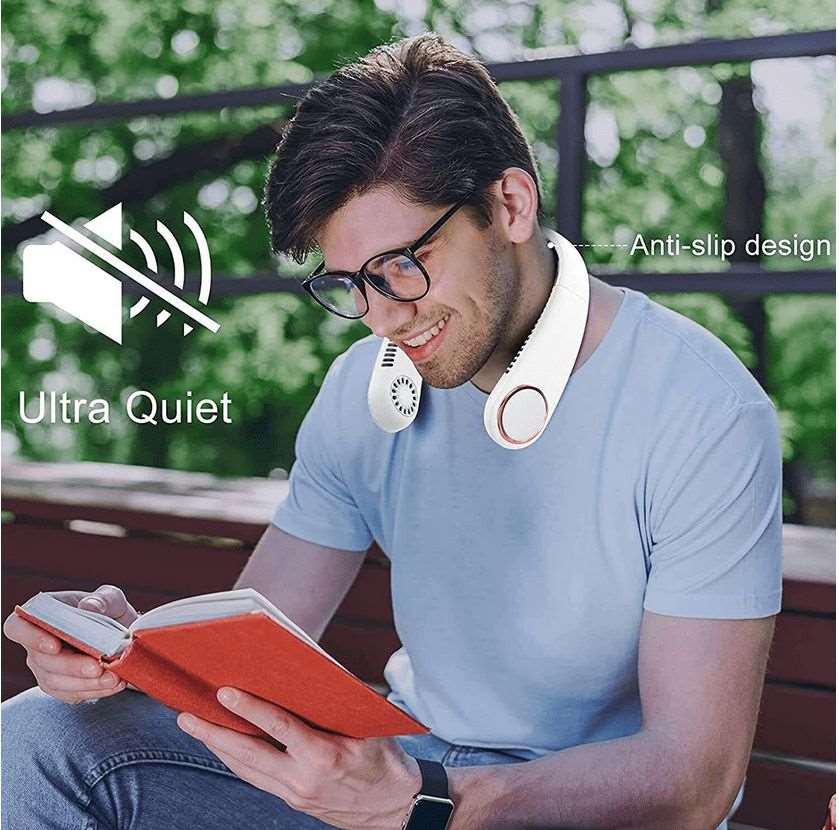man reading portable neck fan