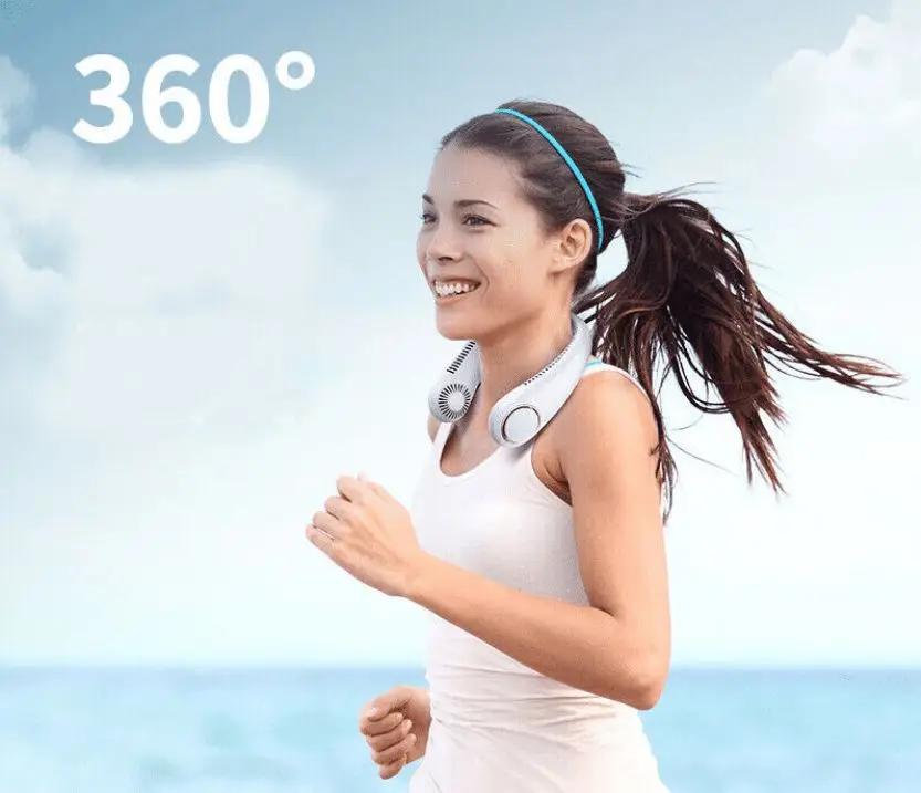 female running with portable neck fan